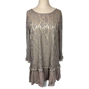 Paisley Vine Taupe Floral Lace Pearl Ruffle Hem Tunic Dress L Cottage Coquette